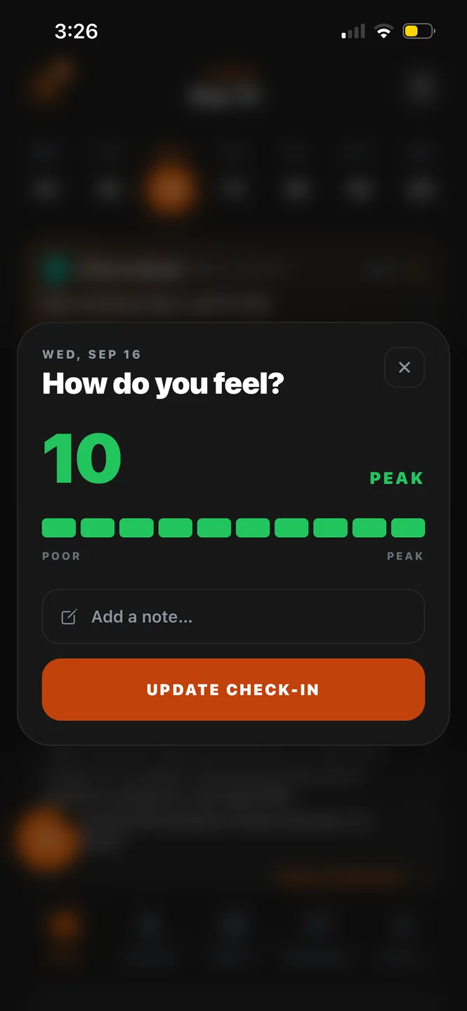 The daily check-in in the Atra app: How do you feel, scored 10 out of 10, Peak, on a ten-step scale from Poor to Peak, with room for a note.