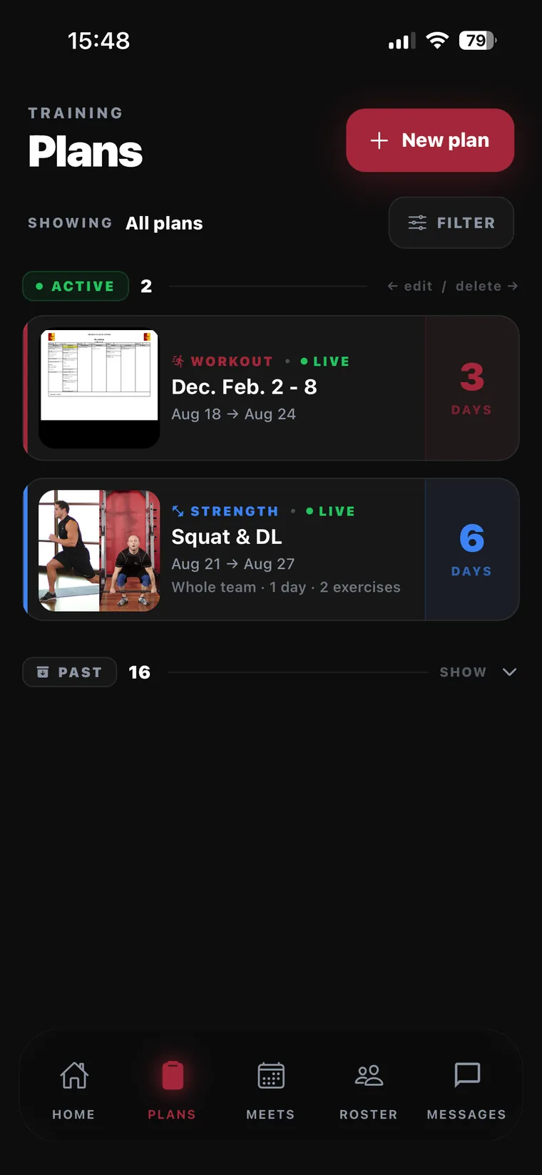 The same plans in the Atra app: an active workout plan for the week and a strength plan, each with the days remaining.