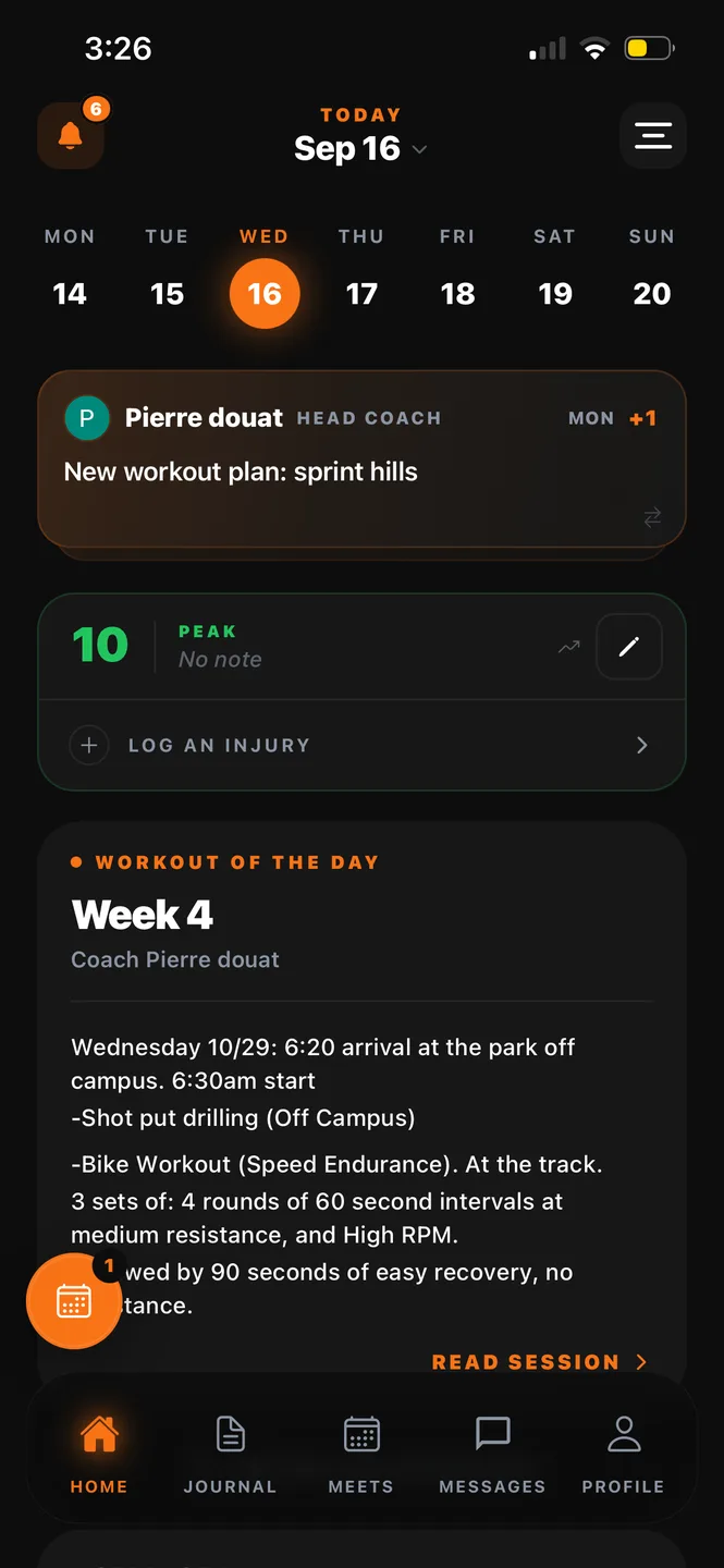 The athlete's day in the Atra app: the week strip, a new workout plan from the head coach, the morning check-in, and the workout of the day written out in full.