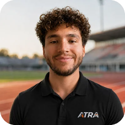 Léo Chauchard in an Atra shirt at a running track.