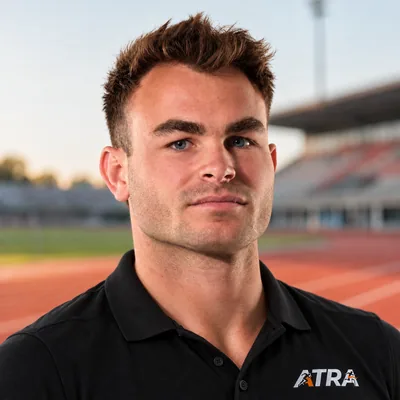 Pierre Douat in an Atra shirt at a running track.