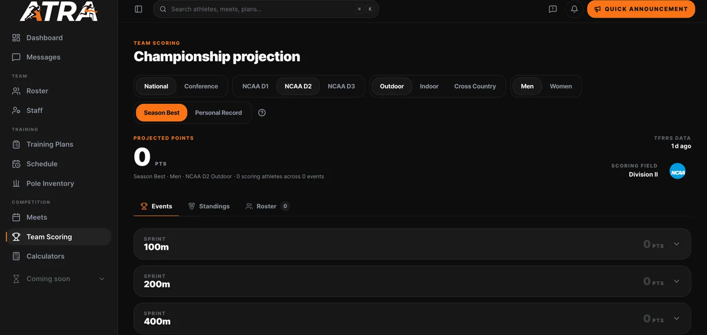 Championship projection on the Atra dashboard: an NCAA Division II outdoor projection, scored event by event from season bests, with the standings and the roster a tab away.